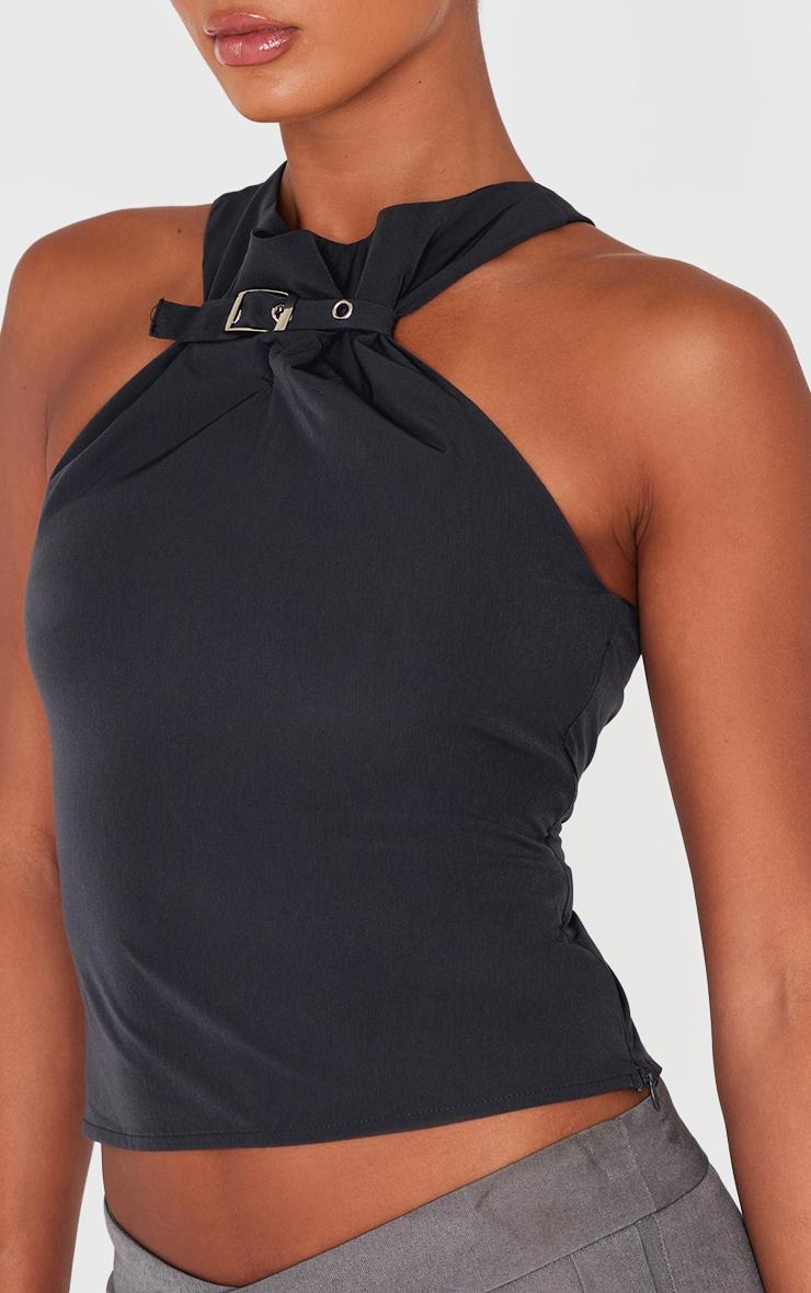  Charcoal Buckle Neck Detail Woven Long Top Product Image