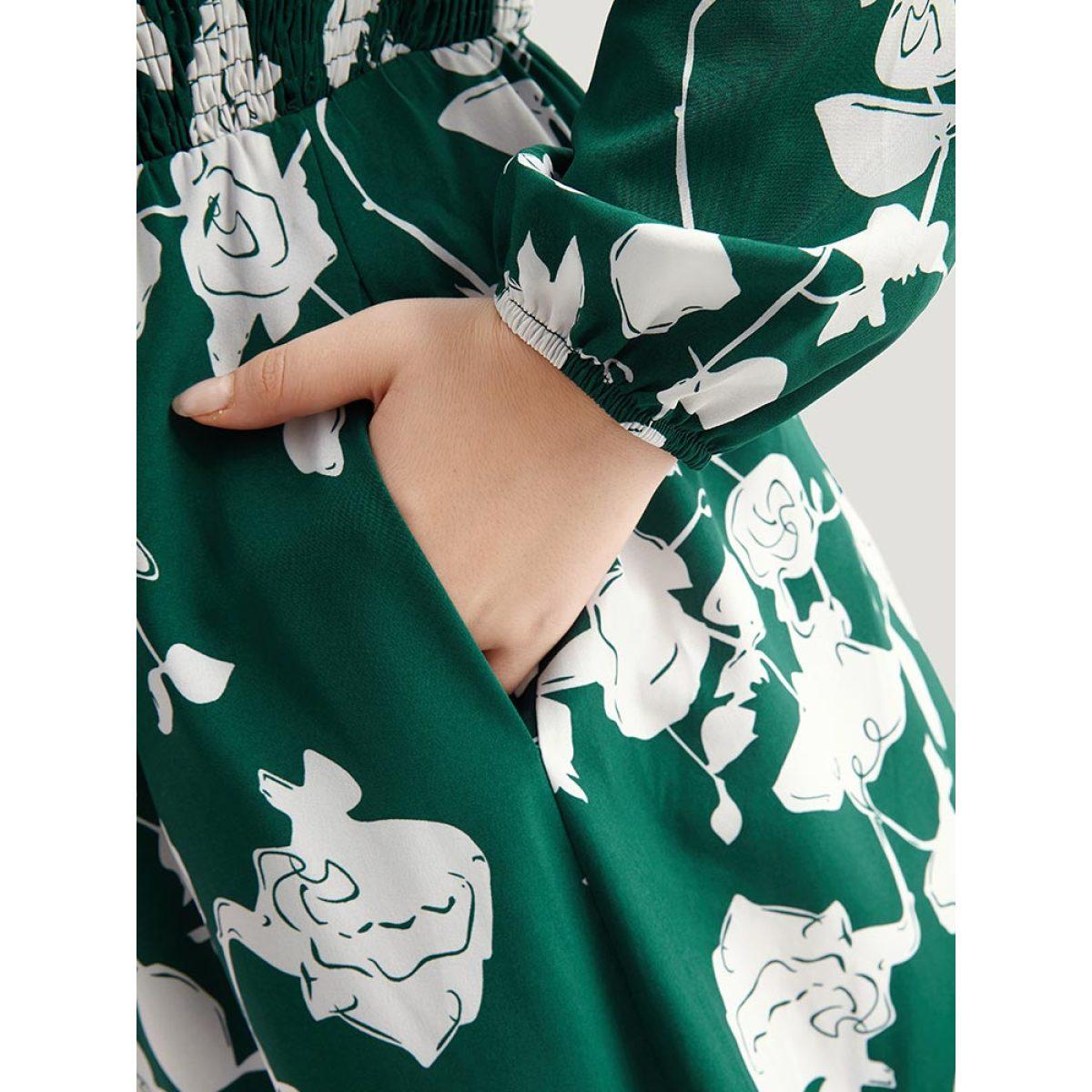 Plus Size Silhouette Floral Print Shirred Elastic Cuffs Dress DarkGreen Women Elegant Elastic cuffs V-neck Long Sleeve Curvy Midi Dress BloomChic 26/4X Product Image