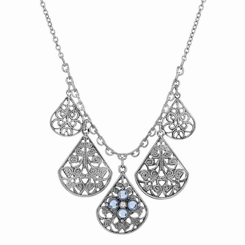 1928 Pewter Crystal Flower Filigree Teardrop Statement Necklace, Womens, Pink Product Image