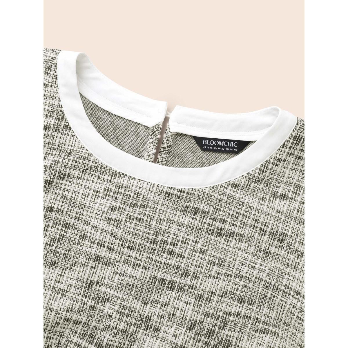 Plus Size Originalwhite Tweed Patchwork Gathered Lantern Sleeve Blouse Women Elegant Long Sleeve Round Neck Everyday Blouses BloomChic 14-16/1X Product Image