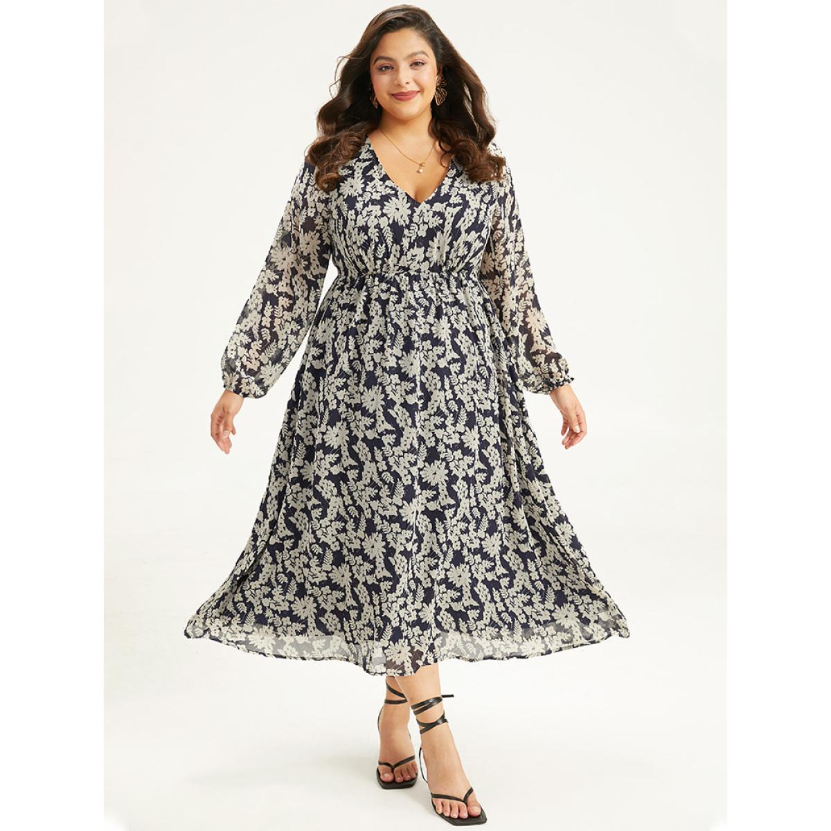 Plus Size Silhouette Floral Print Lantern Sleeve Dress DarkBlue Women Elegant Elastic cuffs V-neck Long Sleeve Curvy Midi Dress BloomChic 22-24/3X Product Image