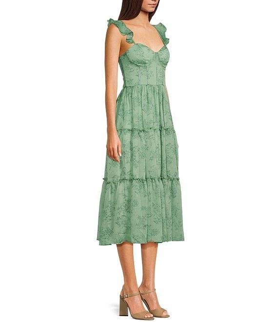 B. Darlin Floral Print Sweetheart Neck Ruffle Sleeve Corset Layered Midi Dress Product Image