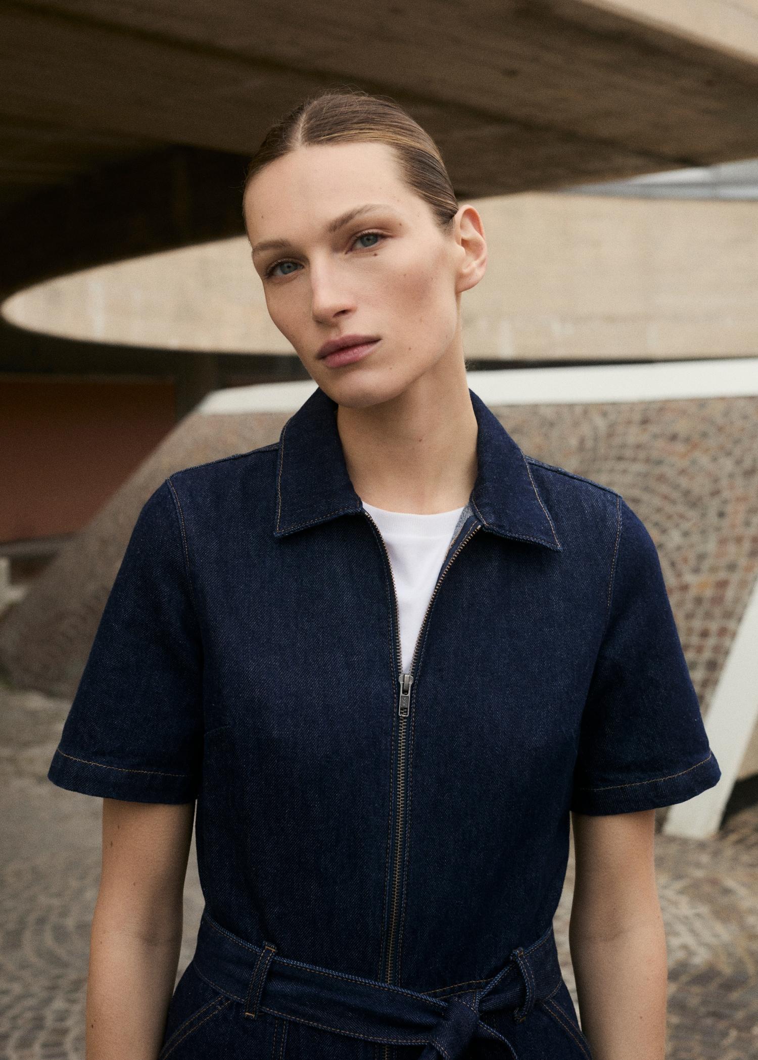 Short-sleeved denim jumpsuit - Women | MANGO USA Product Image