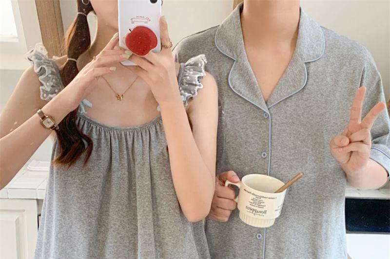 Couple Matching Short-Sleeve Lapel Collar Contrast Trim Button Pajama Top / Lace Trim Tank Top / Lounge Shorts / Set (Various Designs) Product Image