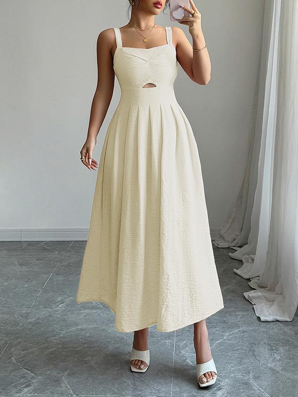 A-line High Waisted Backless Hollow Pleated Solid Color Zipper Spaghetti-Neck Midi Dresses Product Image