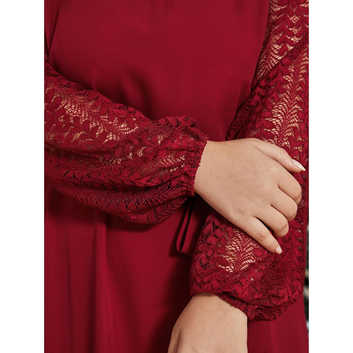Plus Size Solid Lantern Sleeve Pocket Belted Contrast Lace Dress Burgundy Women Elegant Belted Round Neck Long Sleeve Curvy Midi Dress BloomChic 10/M Product Image