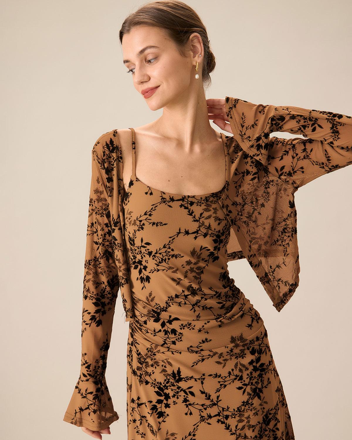 Brown Floral Two-piece Midi Dress Product Image