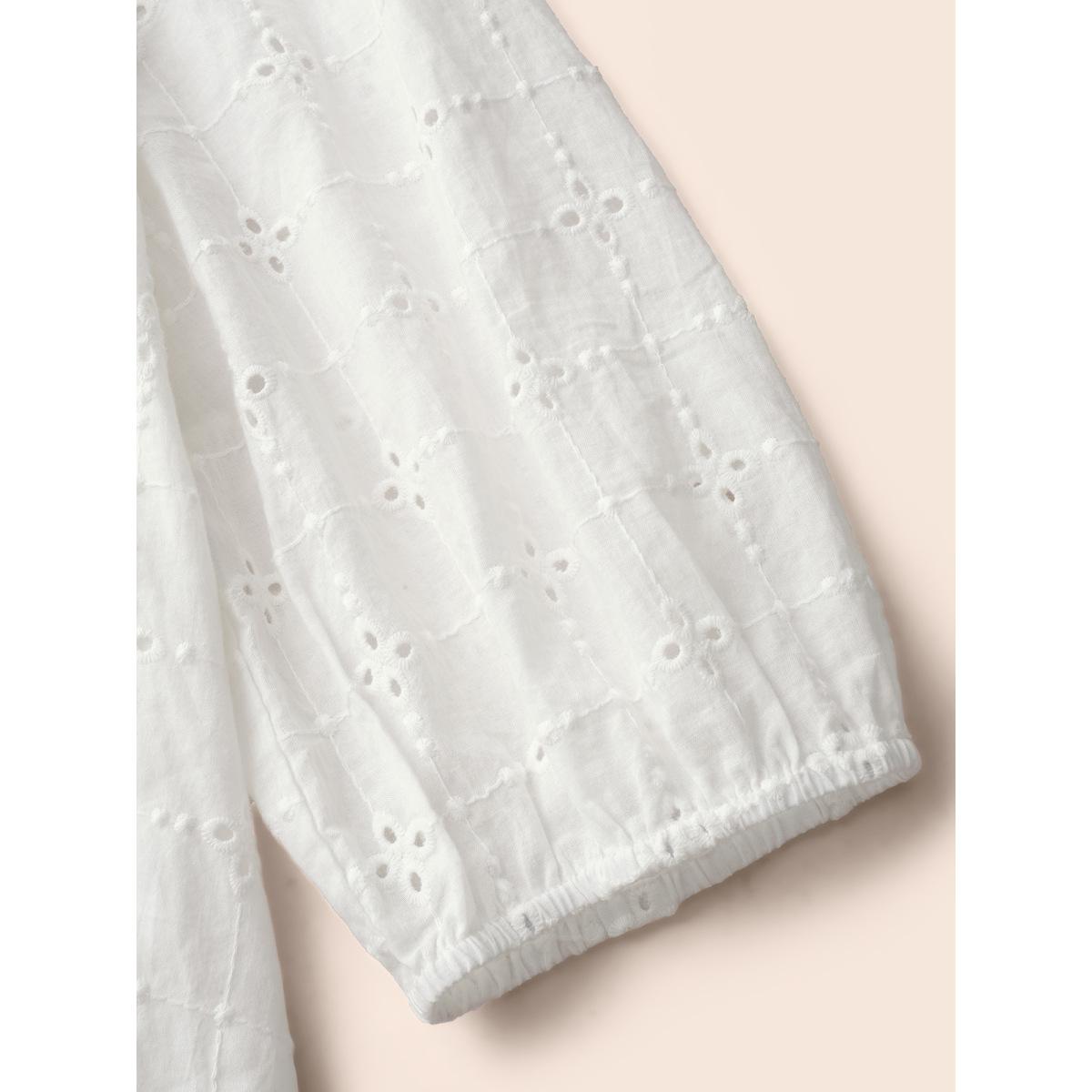 Plus Size Solid Broderie Anglaise Tie Knot Dress Originalwhite Women Casual Tie knot Round Neck Elbow-length sleeve Curvy BloomChic 10/M Product Image