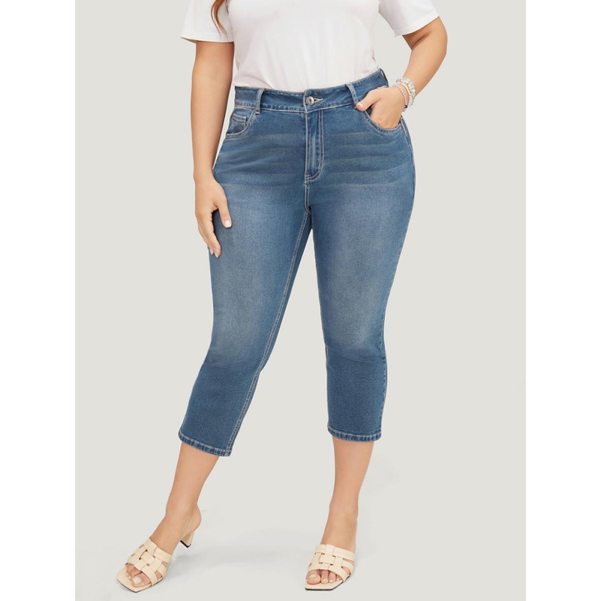 Plus Size Skinny Very Stretchy High Rise Medium Wash Cropped Jeans Women Indigo Casual Plain High stretch Side seam pocket Jeans BloomChic 20/2X Product Image
