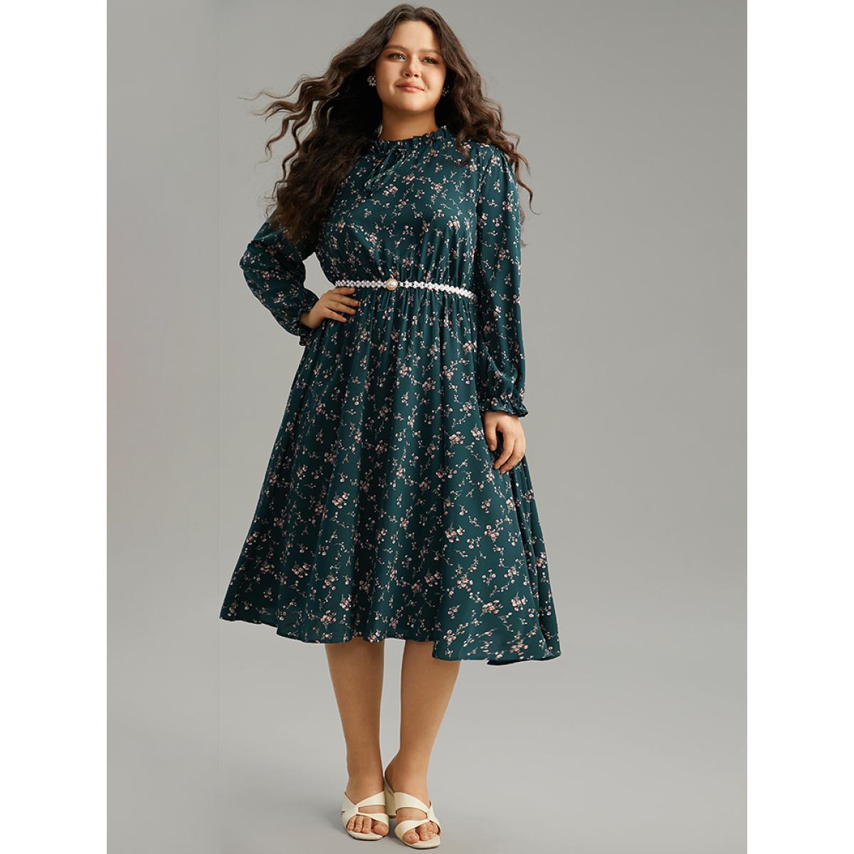 Plus Size Ditsy Floral Pocket Mock Neck Dress DarkGreen Women Elegant Cross straps Mock Neck Long Sleeve Curvy Midi Dress BloomChic 10/M Product Image