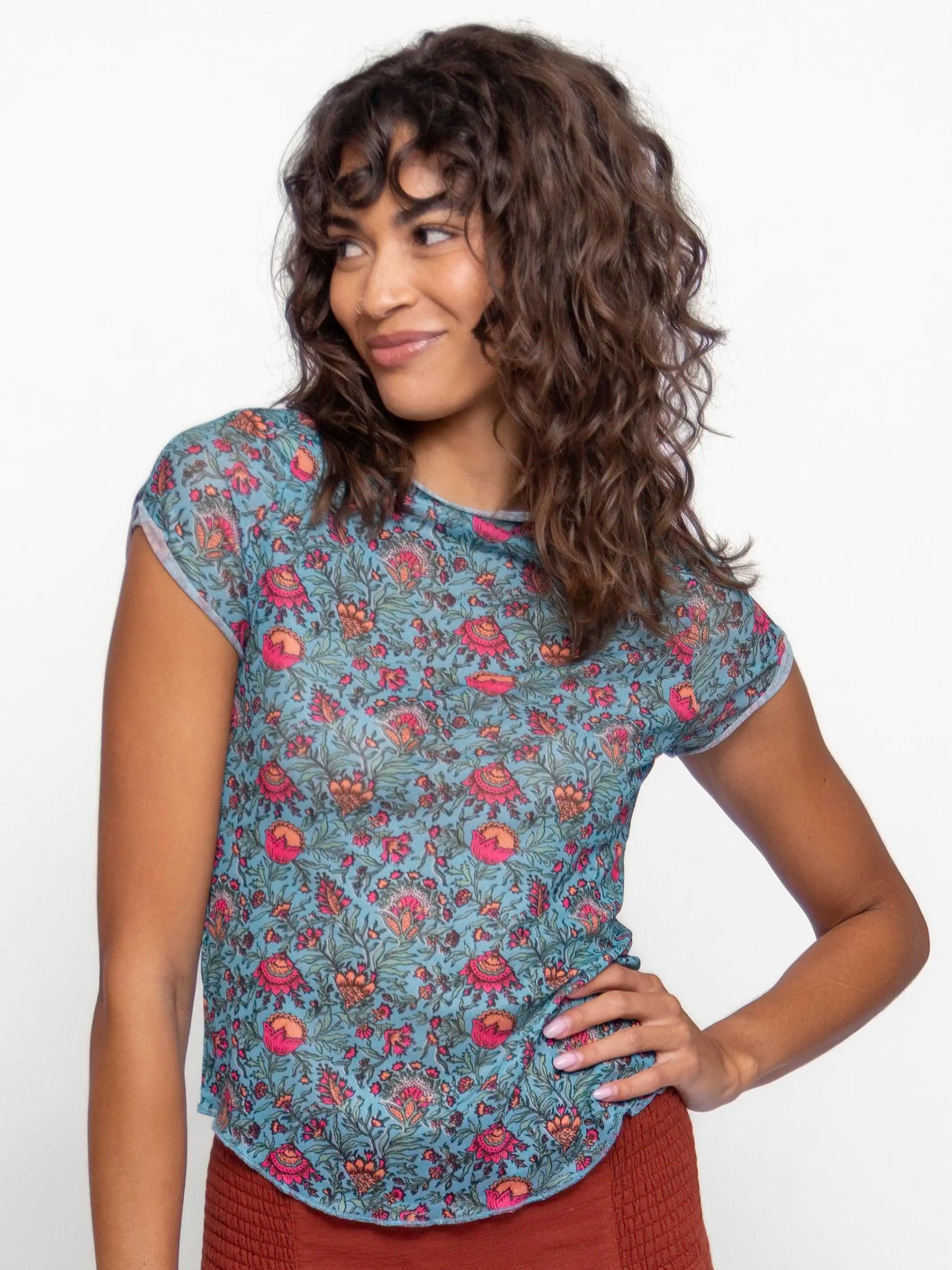 Simone Mesh Tee - Turquoise Pink Fan Floral Product Image