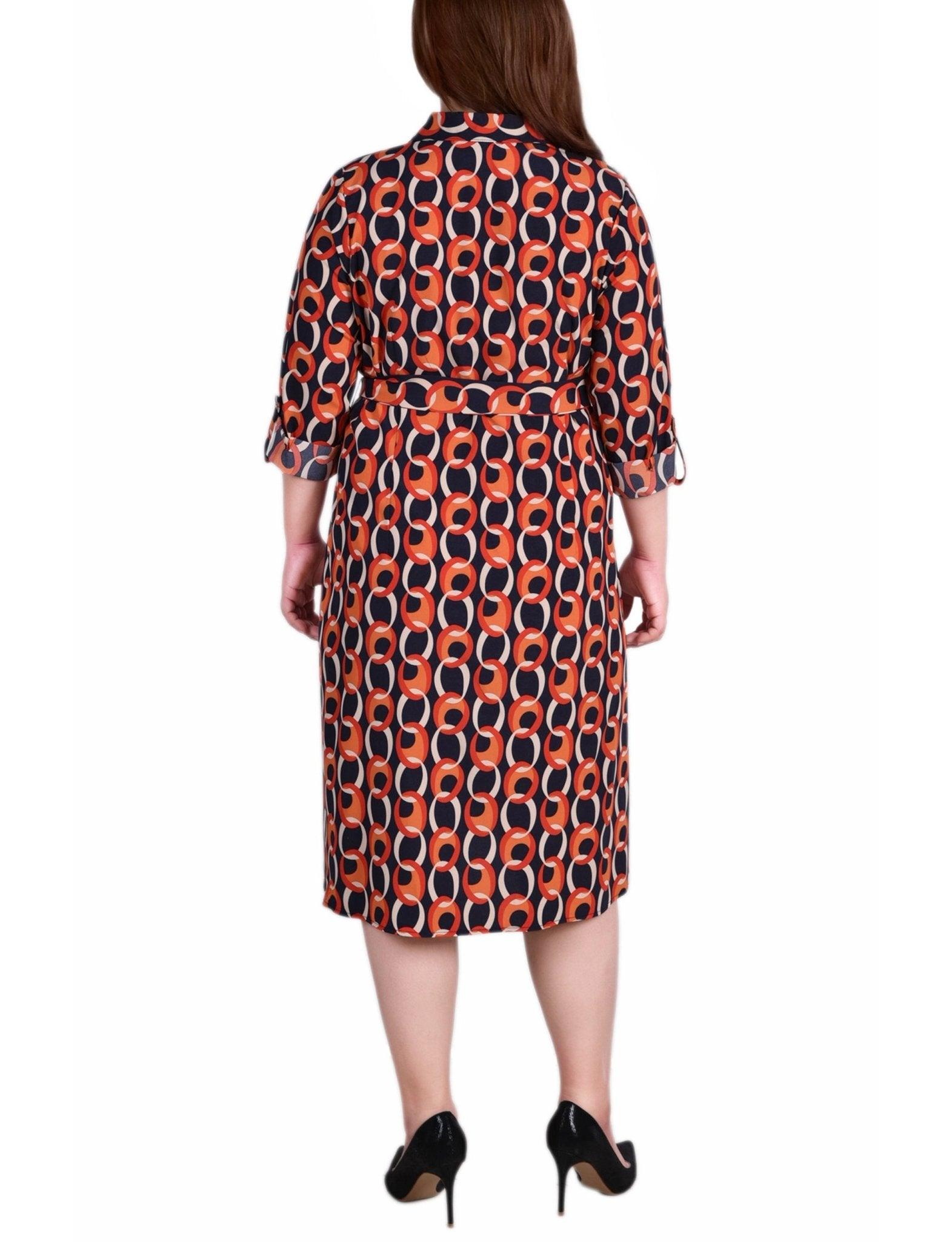 Circle Chain 3/4 Roll Tab Sleeve Belted Shirtdress - Plus Product Image