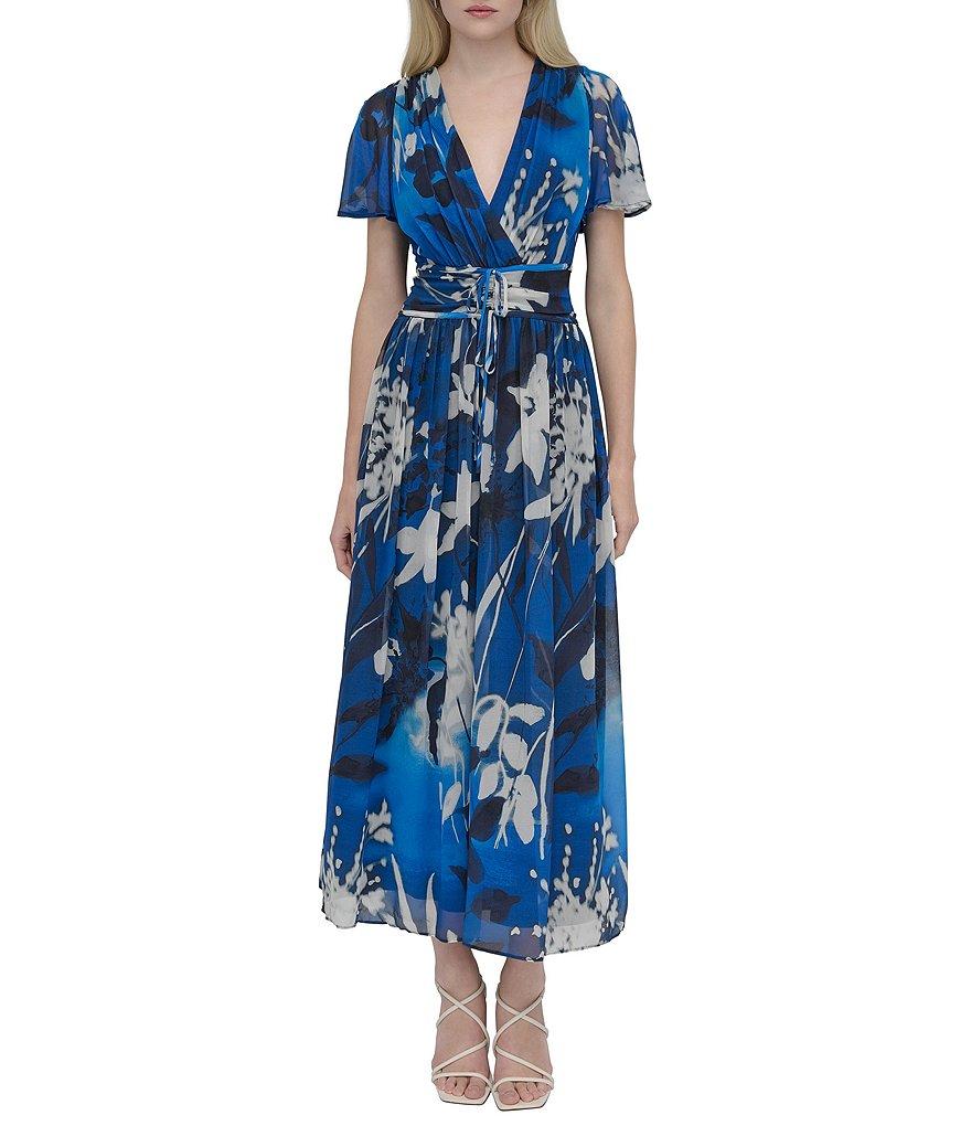 DKNY by Donna Karan Chiffon Floral Print V Neck Short Sleeve Sheath Maxi Dress Product Image