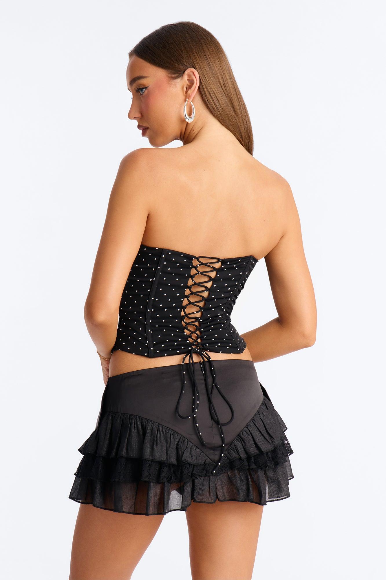 Just Girly Things Lace Up Polka Dot Corset - Black/combo Female Product Image