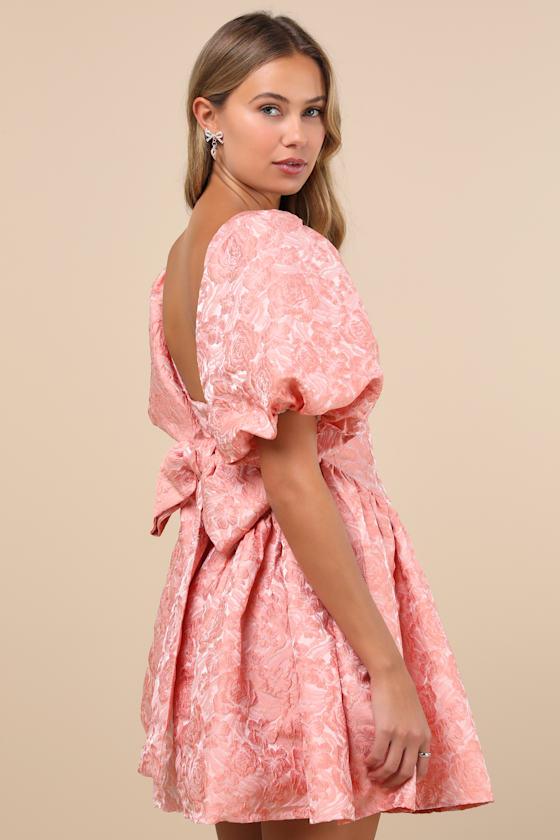 Recital Pink Jacquard Floral Puff Sleeve Mini Dress Product Image