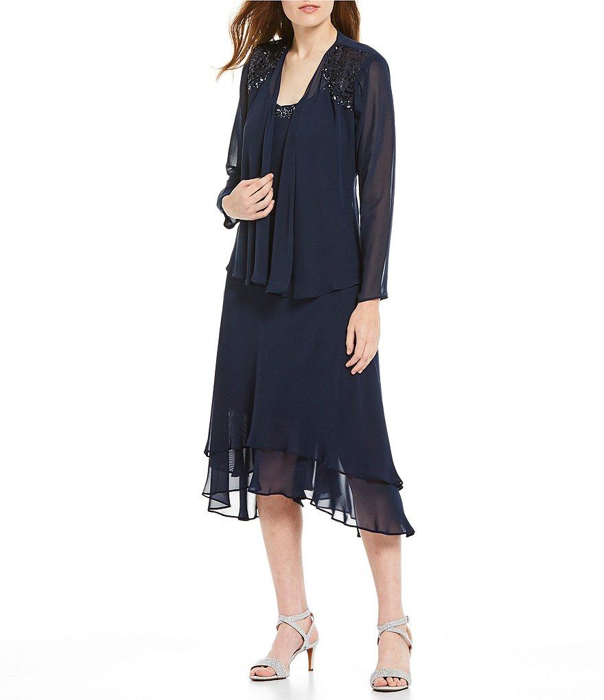 Ignite Evenings Sequined Shoulder Scoop Neck Tiered 2-Piece Midi Jacket Dress Product Image