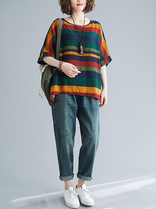 Rainbow Stripe Batwing Sleeves T-Shirts Tops Product Image