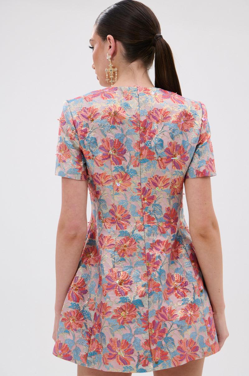 PRETTY IN PINK BROCADE BEADED MINI DRESS Product Image