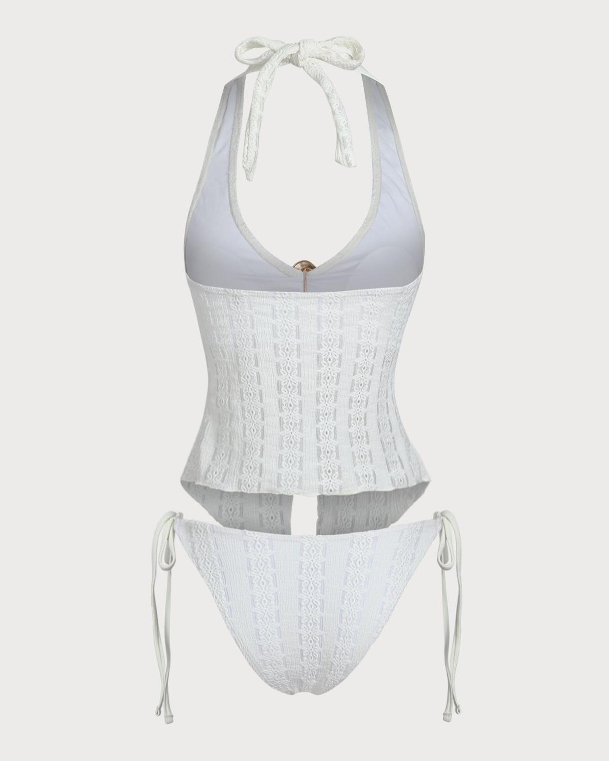 White Knitted Irregular Metal Slit Tankini Swimsuit Product Image