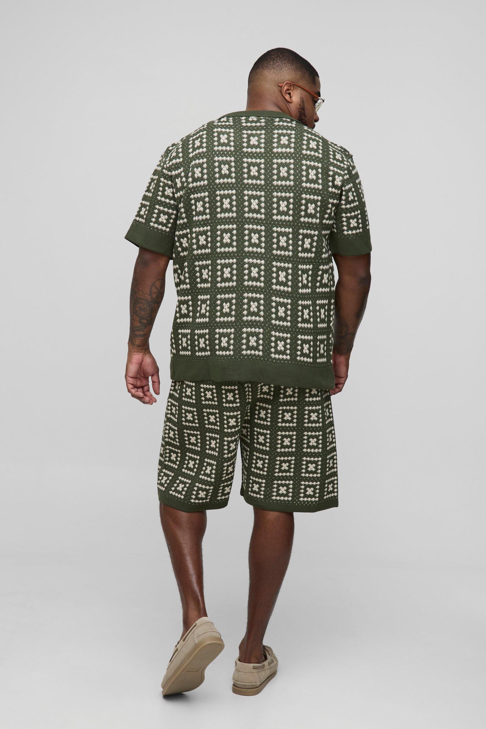 Plus Oversized Crochet Shirt & Short Set | boohooMAN USA Product Image