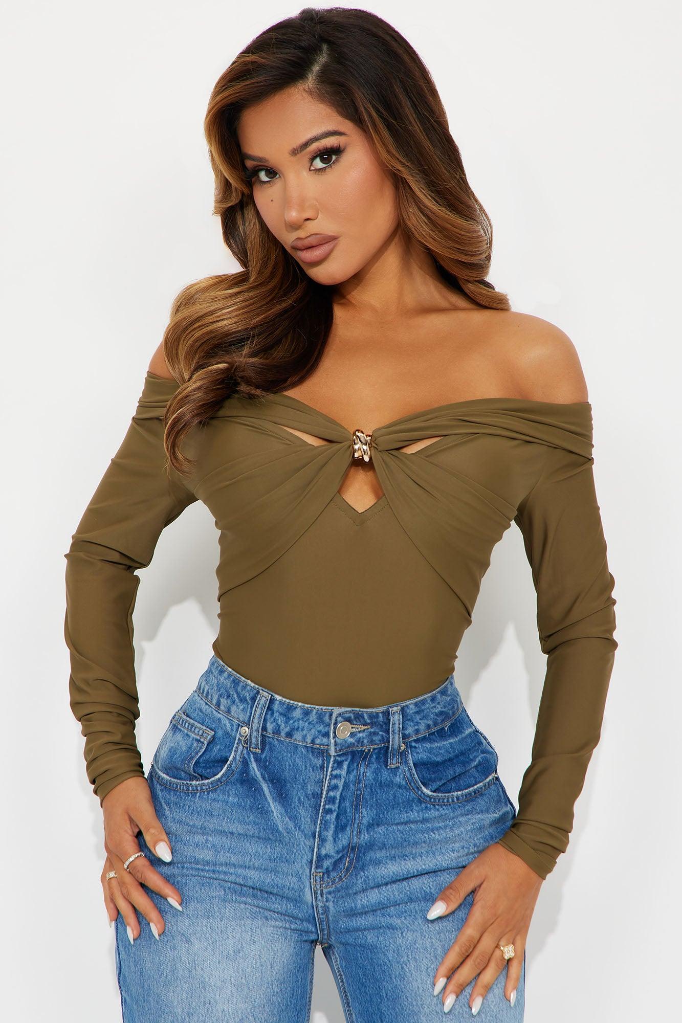 Sylvie Long Sleeve Off Shoulder Bodysuit - Olive Female Product Image