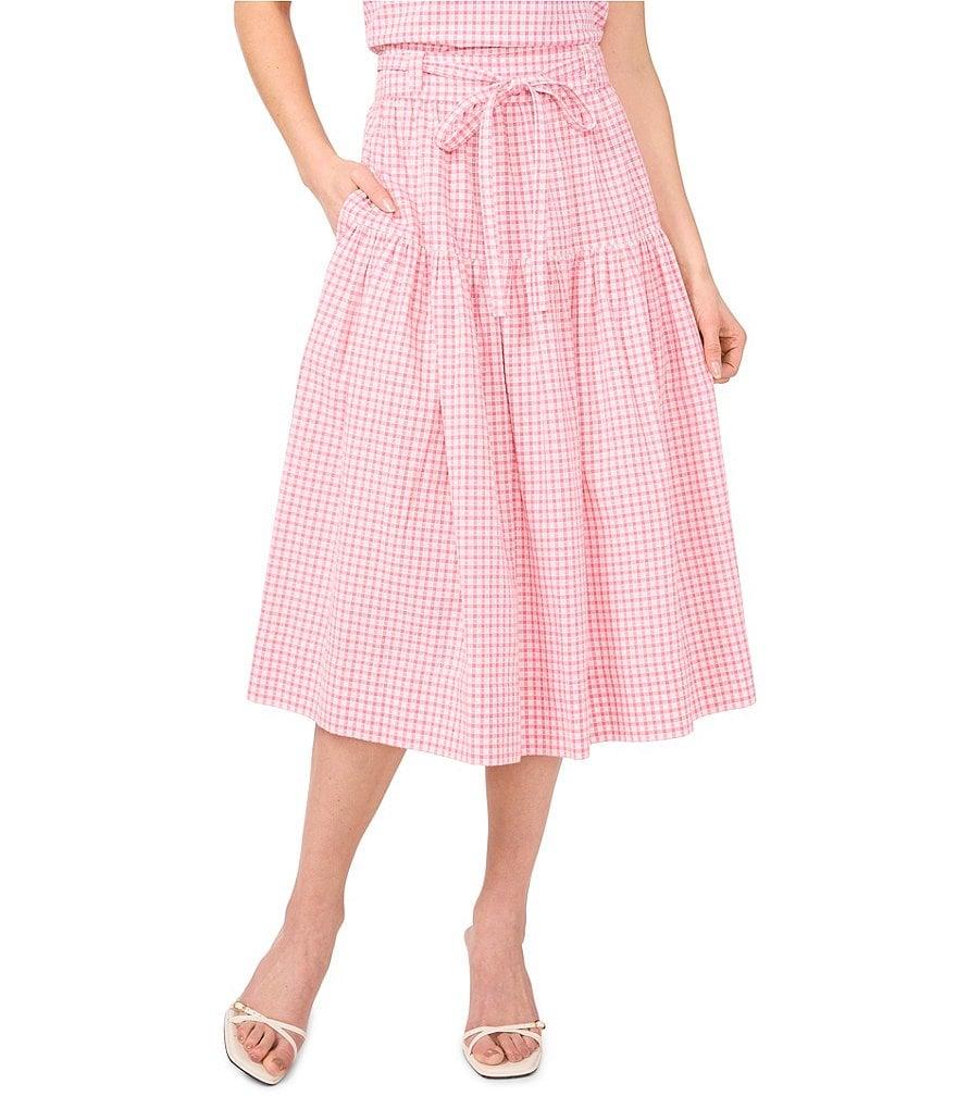 CeCe Gingham A-Line Tiered Belted Midi Skirt Product Image