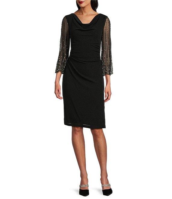 Alex Evenings Cowl Neck 3/4 Beaded Illusion Sleeve Metallic Knit Sheath Dress Product Image