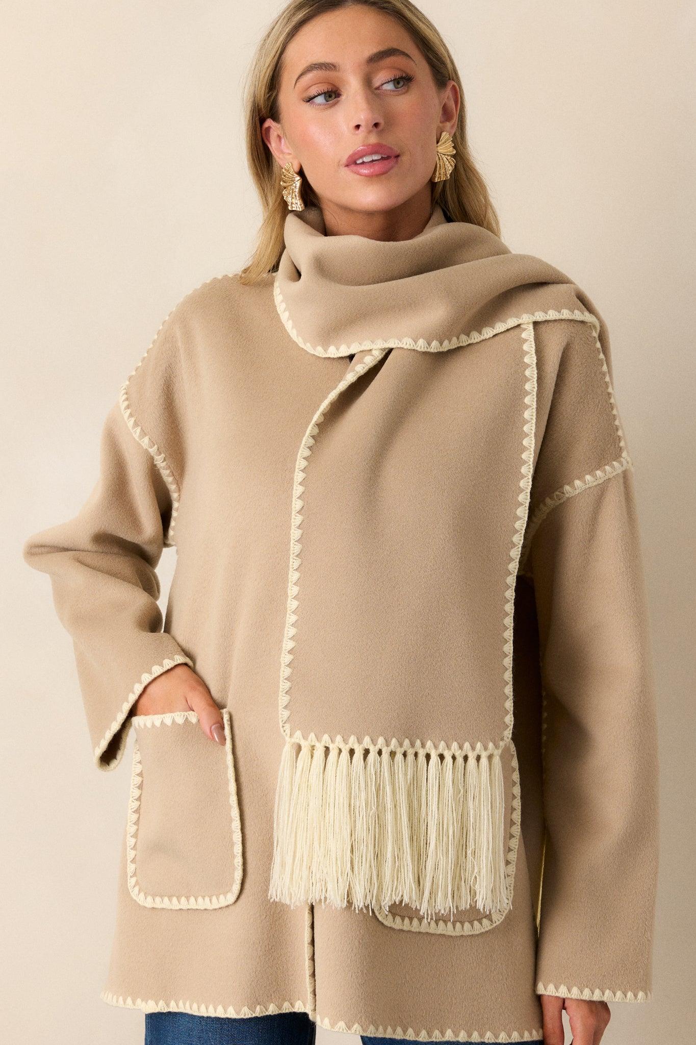 Coming Around Taupe Blanket Stitch Coat Product Image