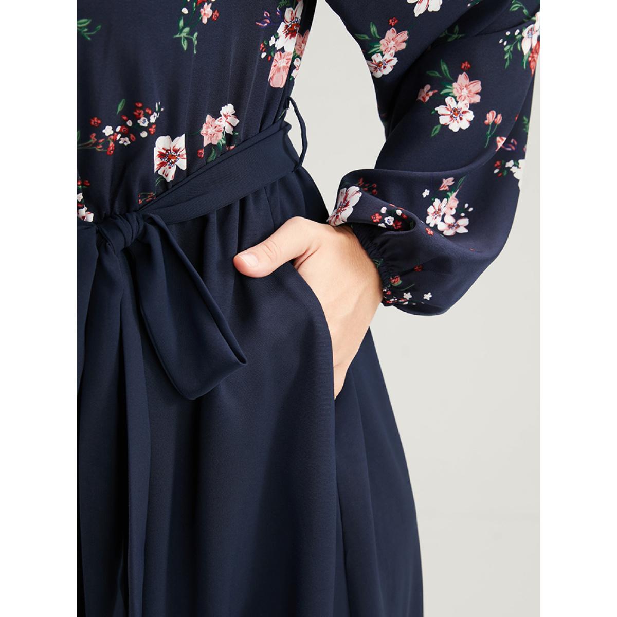 Plus Size Floral Print Wrap Pocket Belted Split Dress DarkBlue Women Elegant Elastic Waist V-neck Long Sleeve Curvy Midi Dress BloomChic 12/L Product Image