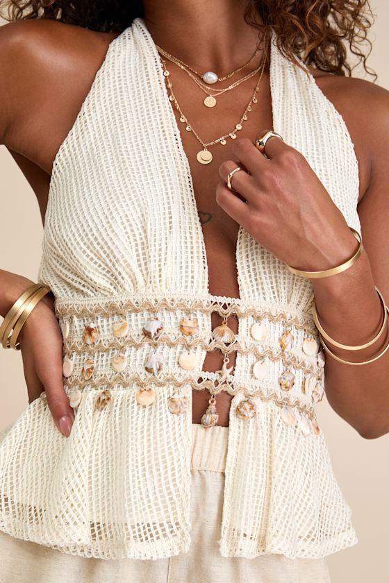 Dione Cream Crochet Halter Seashell Charm Tank Top Product Image
