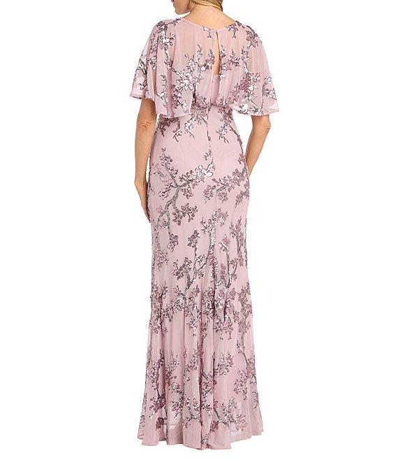 R & M Richards V Neck Flutter Sleeve Floral Embroidered Sequin Power Mesh A Line Gown Product Image