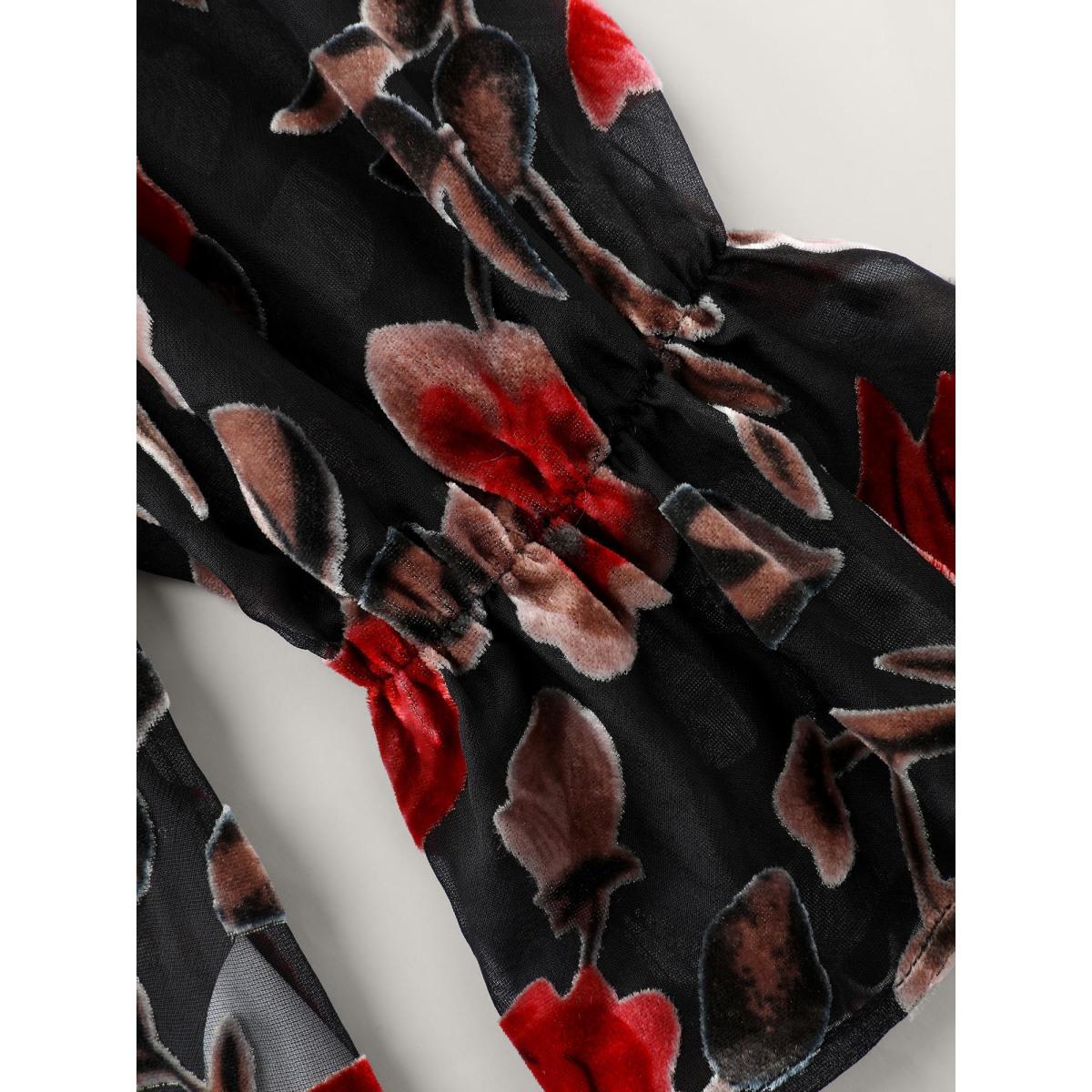 Plus Size Black Flock Floral Ruffled Cuff Blouse Women Romantic Extra Long Sleeve Deep V-neck Elegant Blouses BloomChic 12/L Product Image