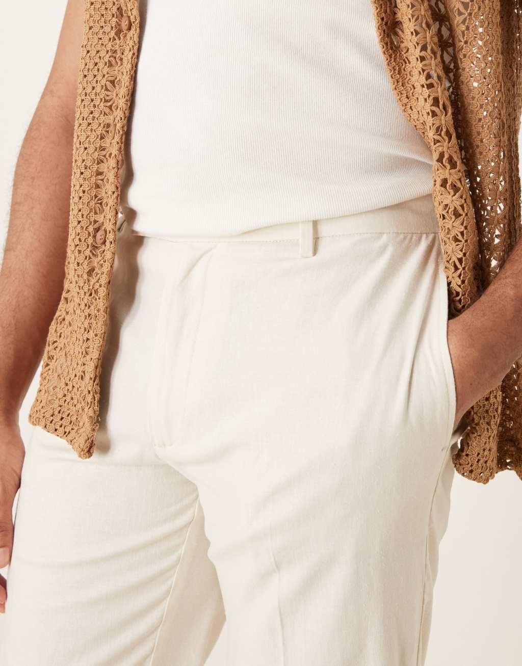 ASOS DESIGN straight leg linen blend dress pants in ecru Product Image