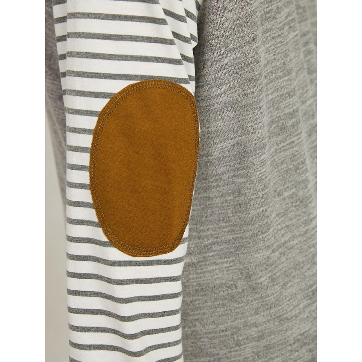 Plus Size Striped Raglan Sleeve Patched Split Side T-shirt Gray Women Casual Contrast Striped Round Neck Dailywear T-shirts BloomChic 10/M Product Image