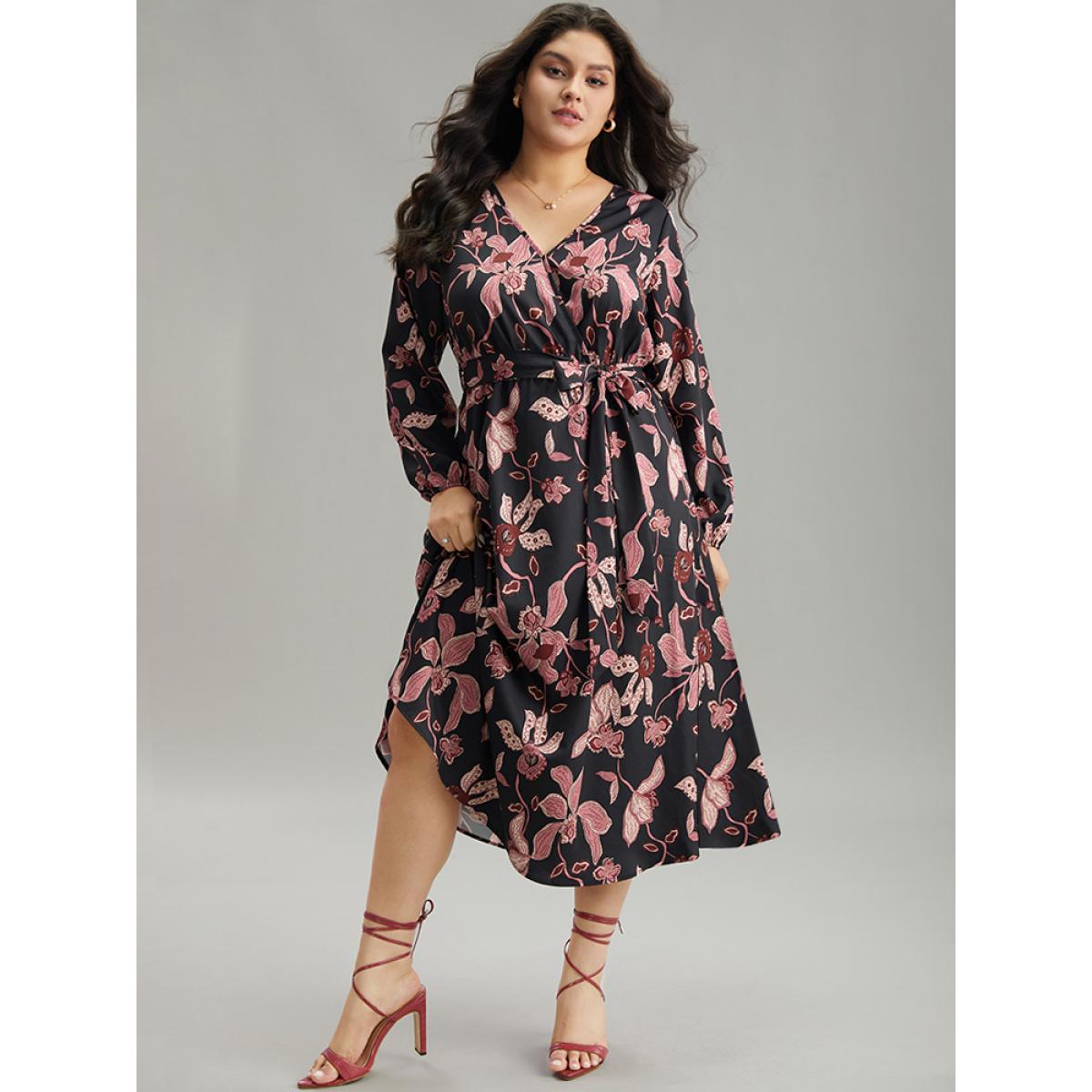 Plus Size Floral Lantern Sleeve Belted Overlap Collar Dress Black Women Elegant Elastic cuffs Overlap Collar Long Sleeve Curvy Midi Dress BloomChic 22-24/3X Product Image