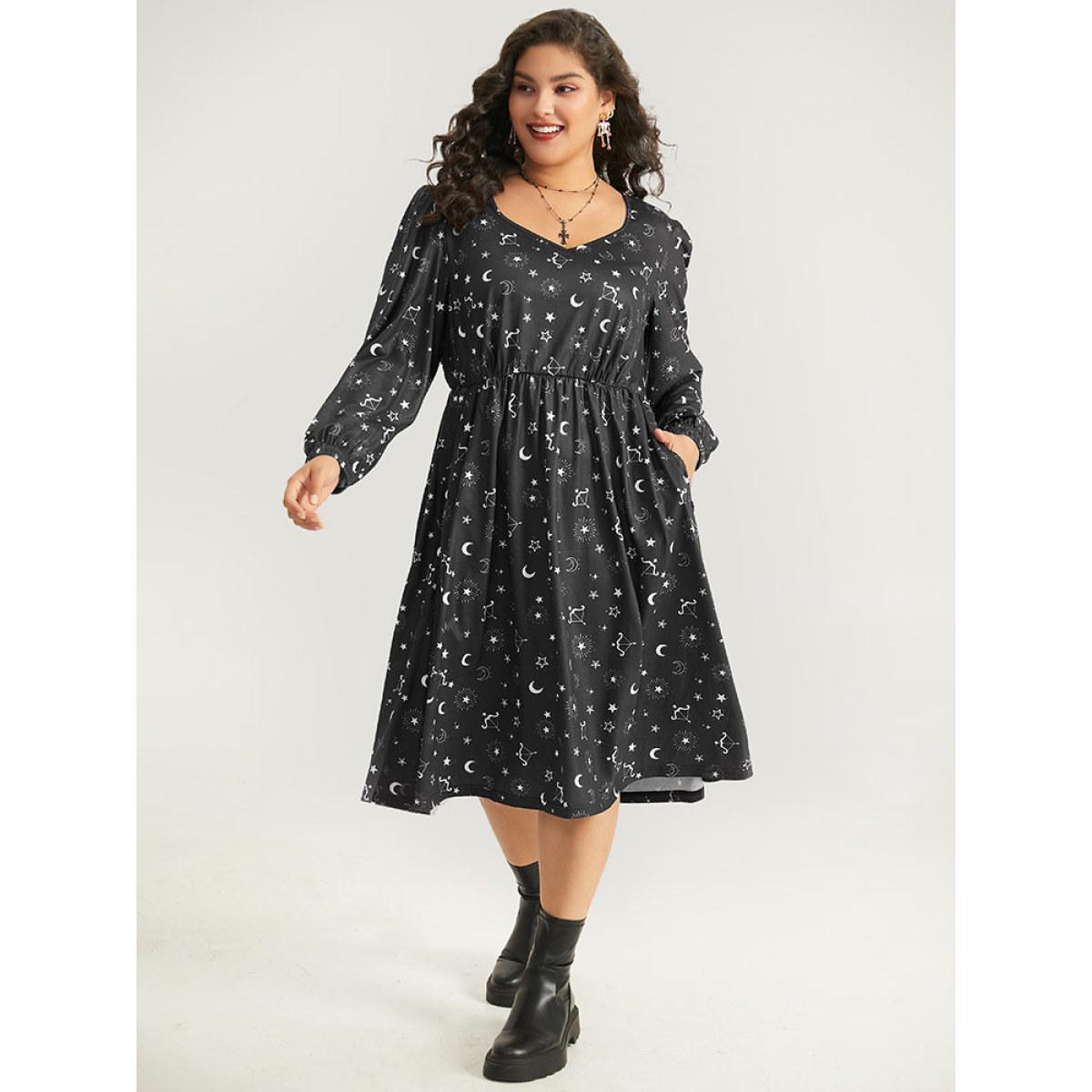 Plus Size Halloween Moon & Star Print Elastic Waist Lantern Sleeve Dress Black Women Casual Elastic cuffs Square Neck Long Sleeve Curvy Midi Dress BloomChic 28/5X Product Image