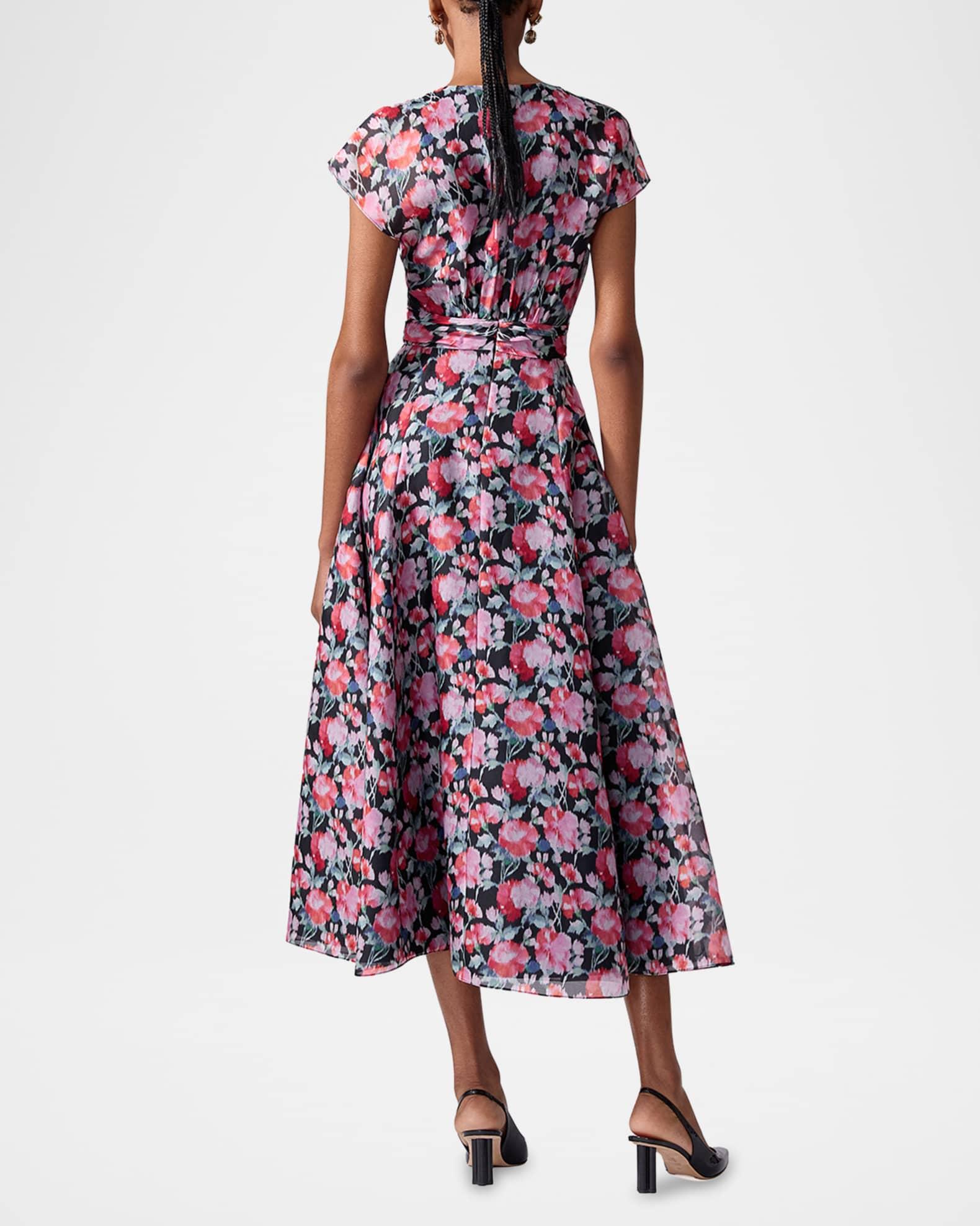 V-Neck Floral Silk Cap-Sleeve Midi Dress Product Image