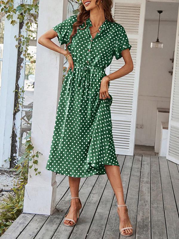 A-Line High Waisted Buttoned Drawstring Polka-Dot V-Neck Midi Dresses Product Image