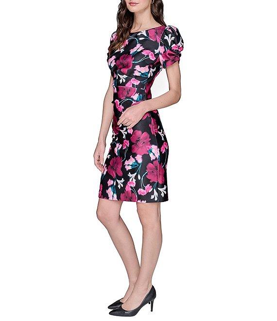 KARL LAGERFELD PARIS Floral Scuba Crew Neck Side Ruched Sheath Dress Product Image