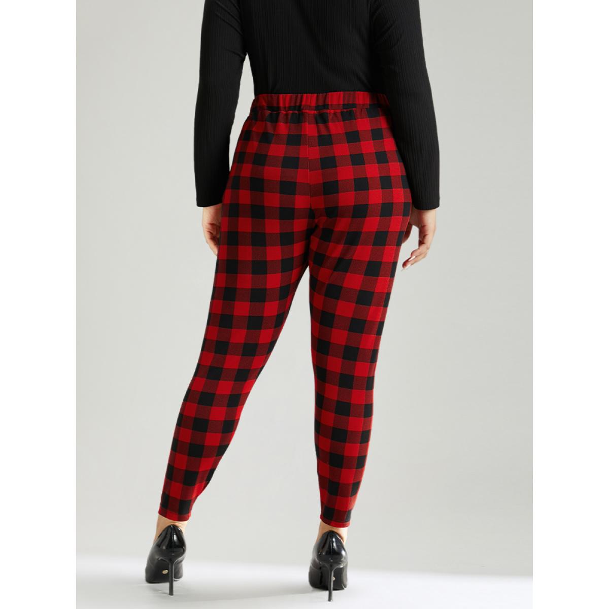 Plus Size Plaid Elastic Waist High Rise Skinny Leggings Women Raspberry Elegant High stretch Skinny High Rise Festival-Christmas Leggings BloomChic 22-24/3X Product Image