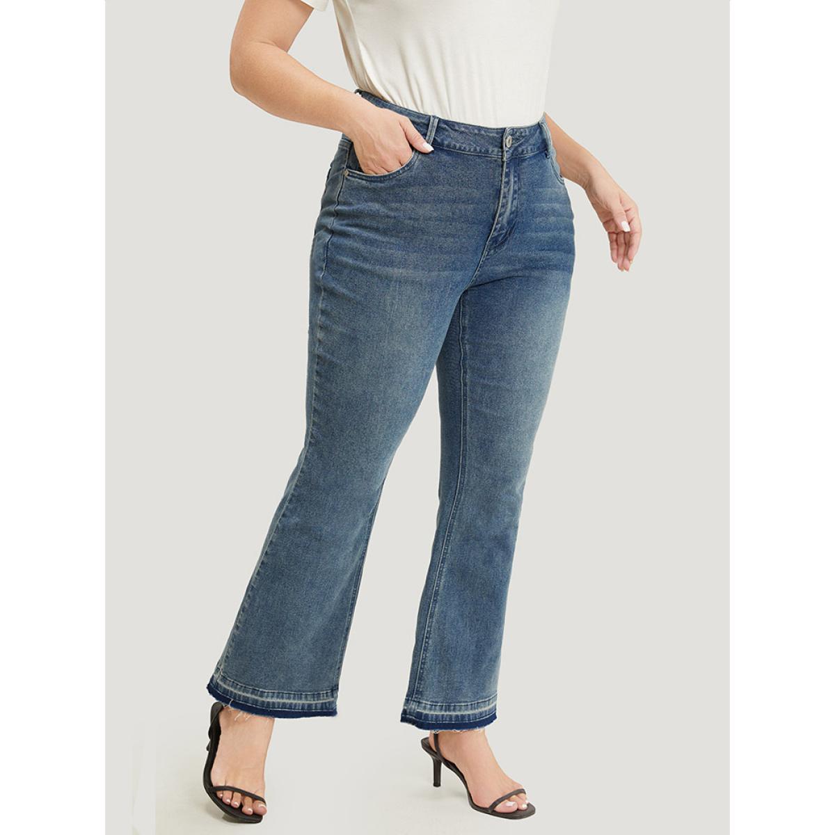 Plus Size Flare Leg Very Stretchy Medium Wash Contrast Hem Jeans Women LightBlue Casual Plain High stretch Pocket Jeans BloomChic 16/1X Product Image