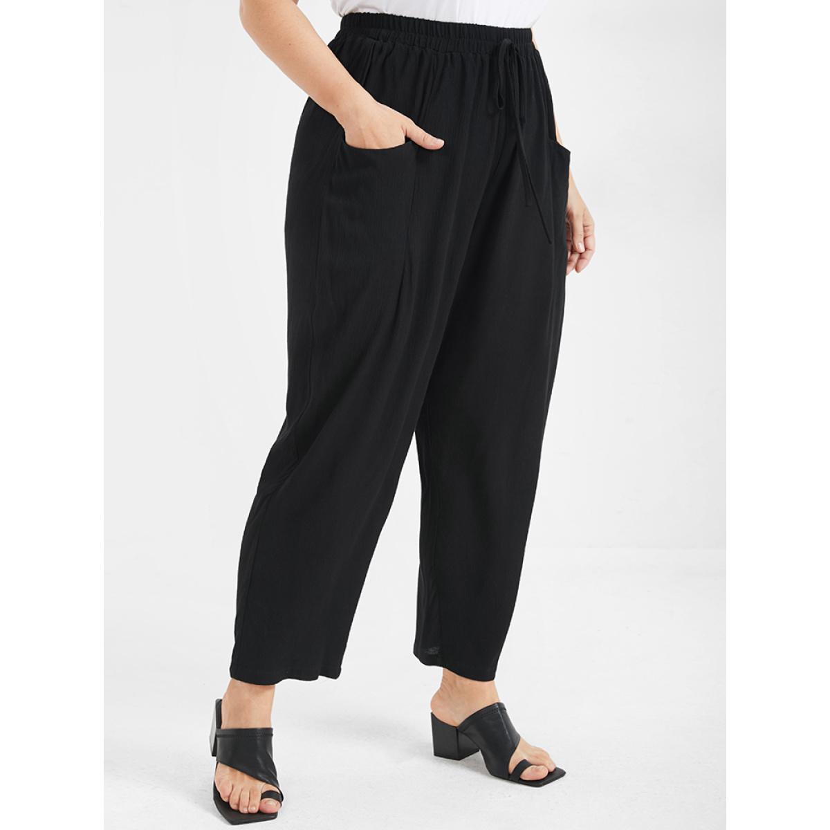 Plus Size Solid Ties Elastic Waist Pocket Pants Women Black Casual Harem High Rise Dailywear Pants BloomChic 22-24/3X Product Image