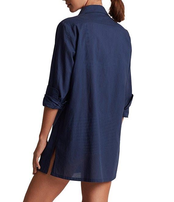 Lauren Ralph Lauren Beachwear Organic Cotton Voile Logo Embroidered Button Front Shirt Swim Cover-Up Product Image