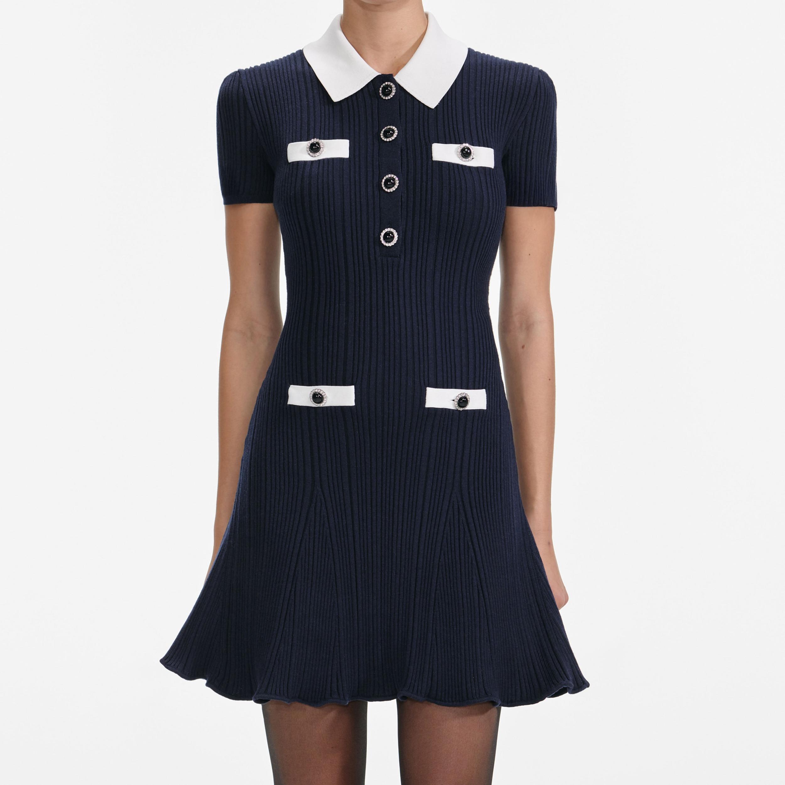 Navy Contrast Collar Knit Mini Dress Product Image