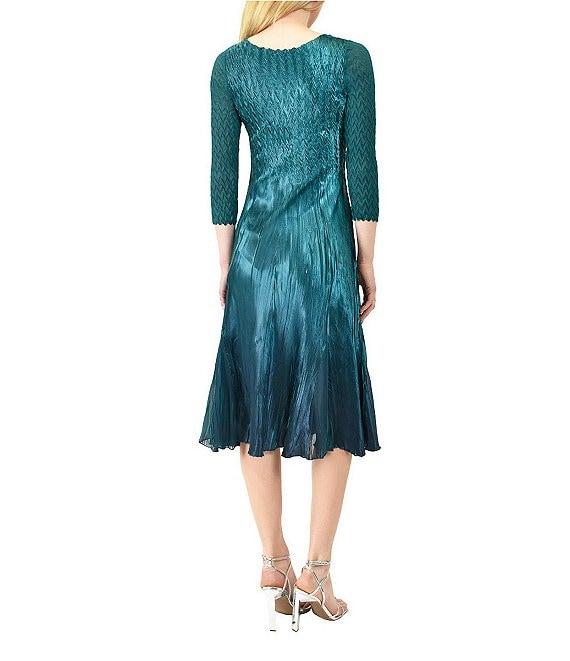 Komarov Charmeuse Chiffon V-Neck 3/4 Sleeves Beaded Trim Fit & Flare Midi Dress Product Image