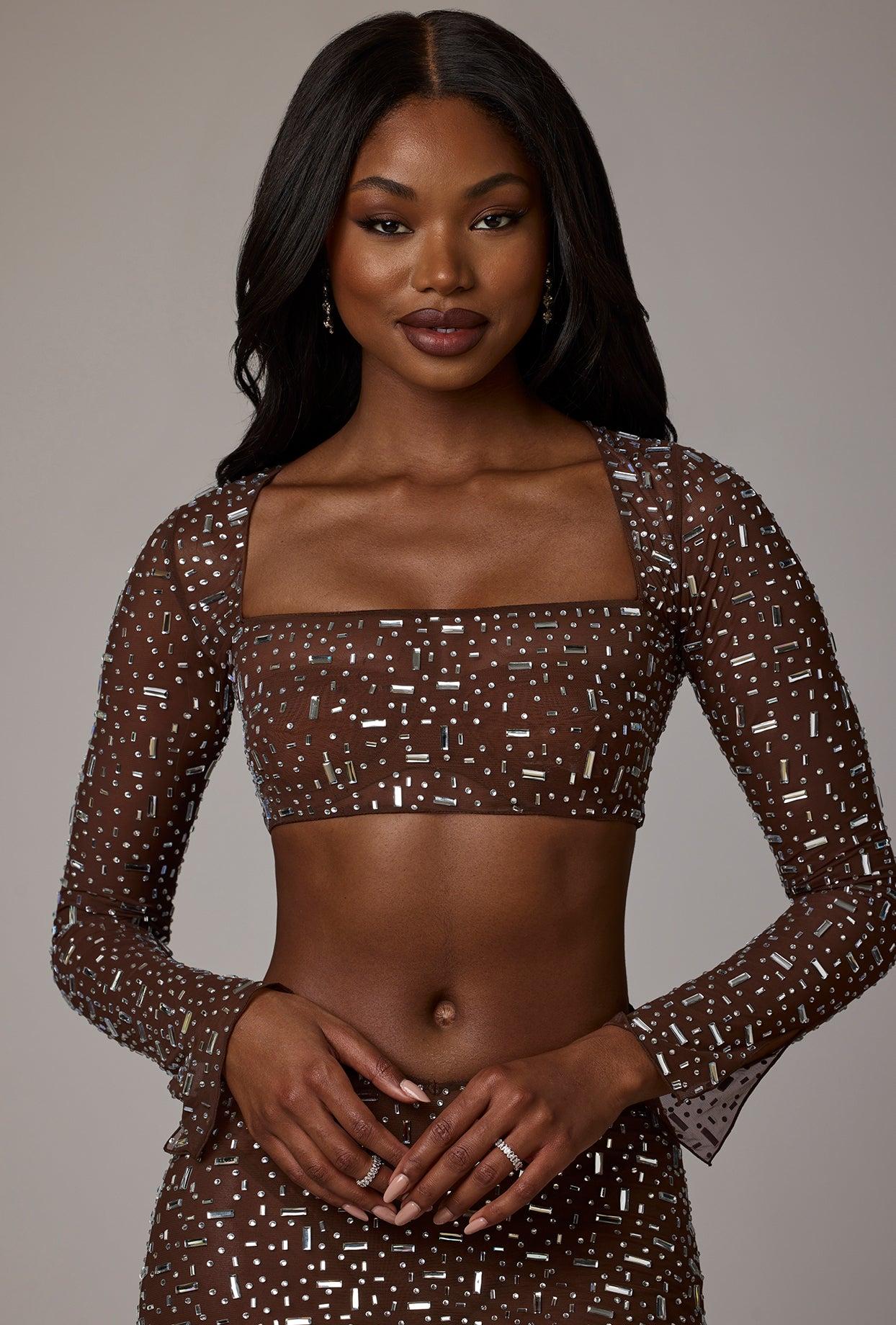 Sheer Embellished Long Sleeve Crop Top in Deep Cocoa Product Image