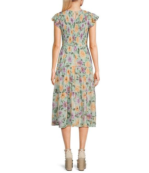 Blu Pepper Floral Print Short Sleeve Smocked Bodice Tiered Midi Dress Product Image