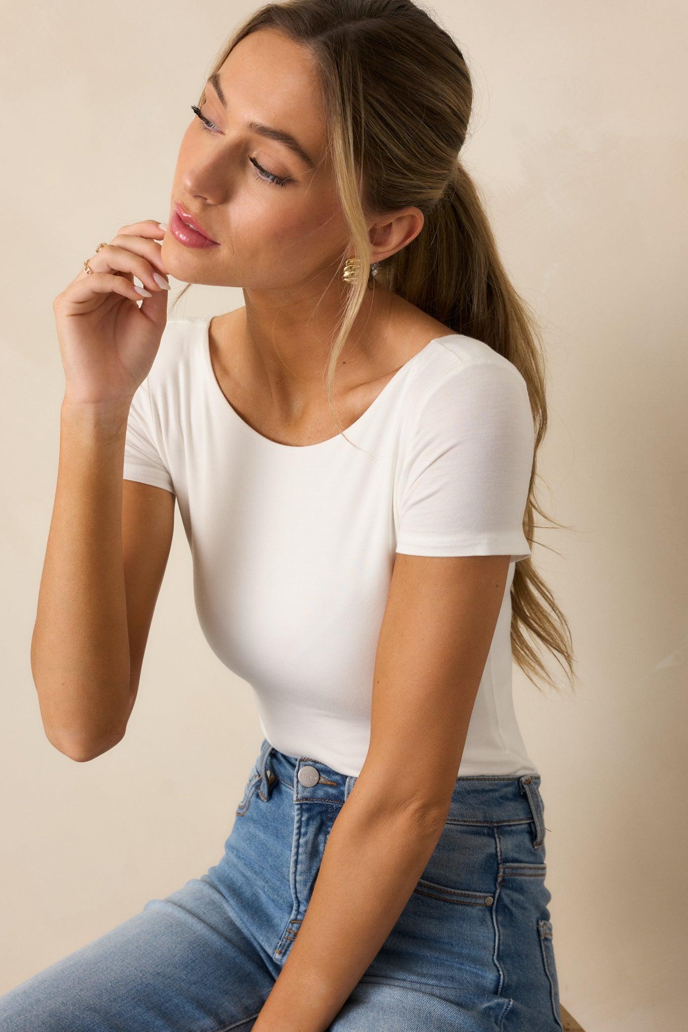 Keep It Real White Scoop Neck Bodysuit Product Image