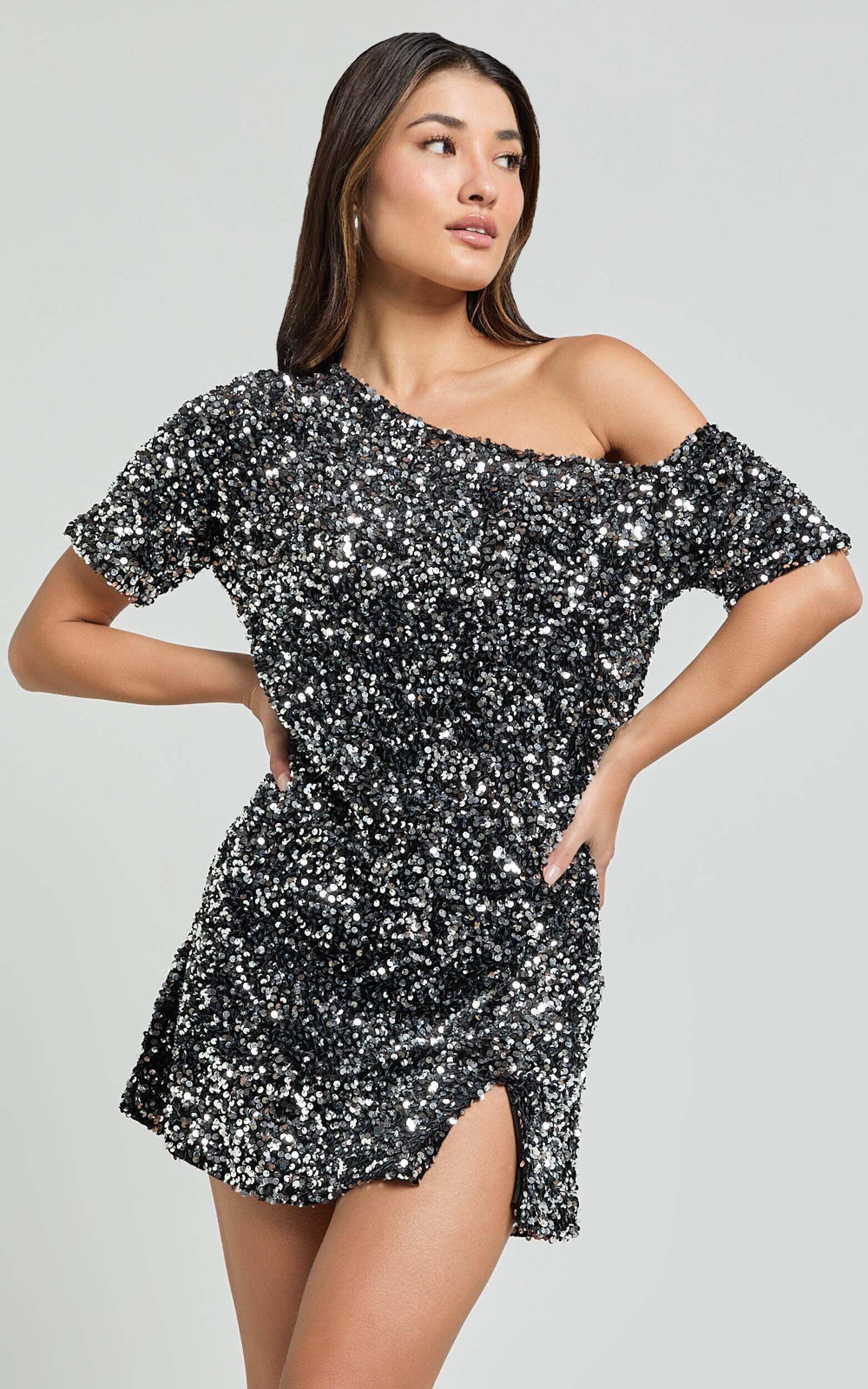 Katrine Mini Dress - Off Shoulder Shift Sequin Dress in Black Product Image