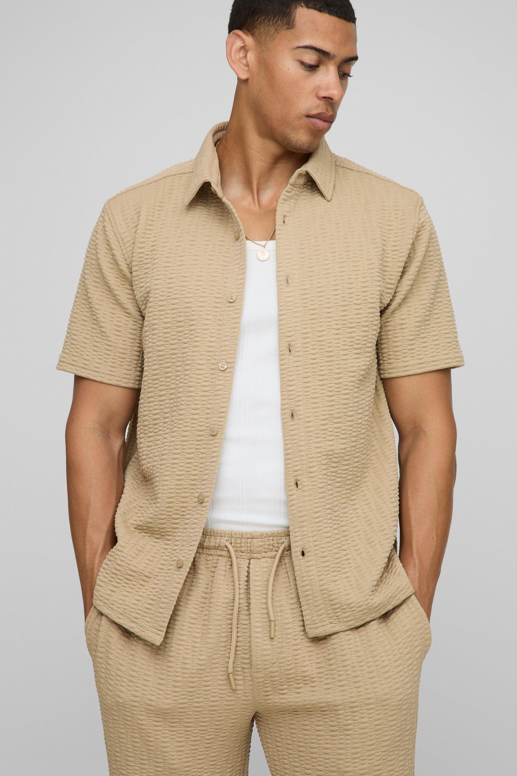 Short Sleeve Textured Stretch Shirt And Trousers Set | boohooMAN USA Product Image